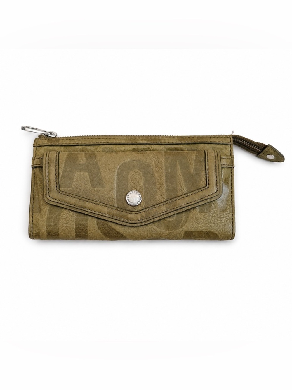 Marc Jacob Olive Green Leather Women Wallet Zip Logo Organizer Snap Flap Letters